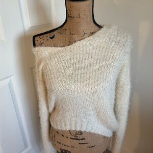 White Cream Fuzzy Slouchy Off the shoulder sweater